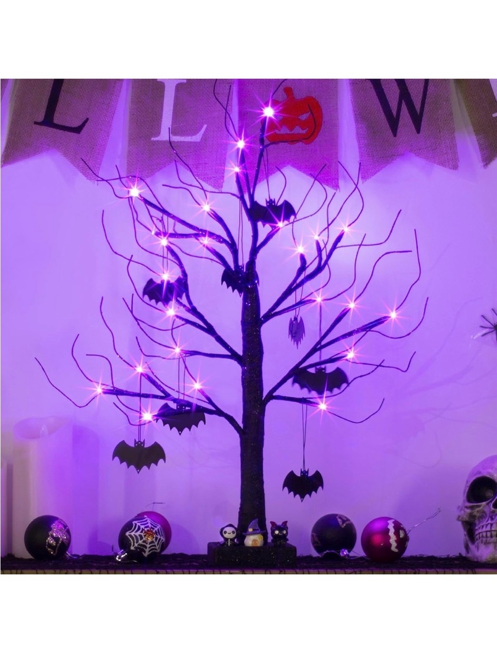 Purple LED Halloween Tree Decor with Hanging Bats - Seasonal Home Accent